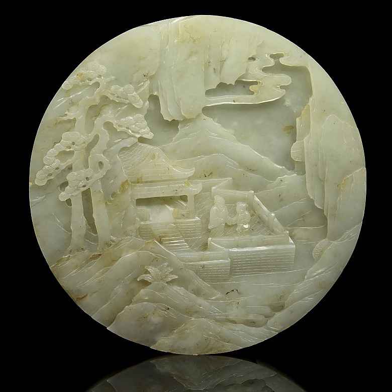 Carved jade panel 'landscape with characters', Qing dynasty