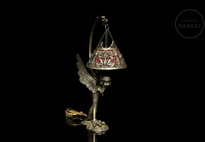 Metal table lamp with reliefs, 20th century