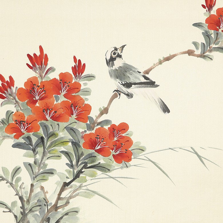 Three chinese paintings ‘Blossoming branches with birds’, 20th century