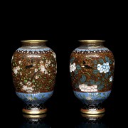 Pair of small enamelled bronze vases, 20th century