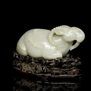 Carved jade figurine “Ram” with wooden base, Qing dynasty