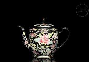 Porcelain enamelled, black family, ‘flowers’ teapot, 20th century