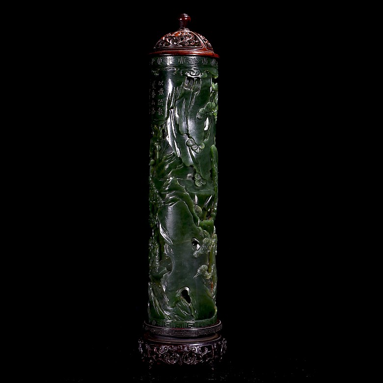 Pair of spinach green jade incense burners, Qing dynasty