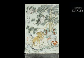 Porcelain enameled plate with deer and cranes, 20th century