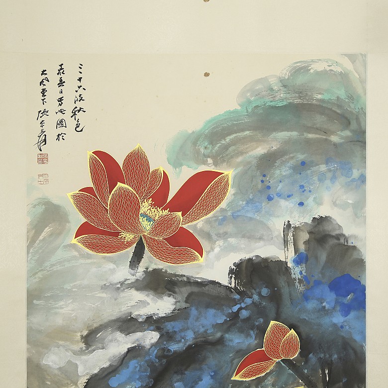 Chinese painting ‘Lotuses and poem’, 20th century