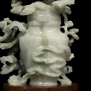 Chinese jade vase with lid and wood pedestal, 20th century