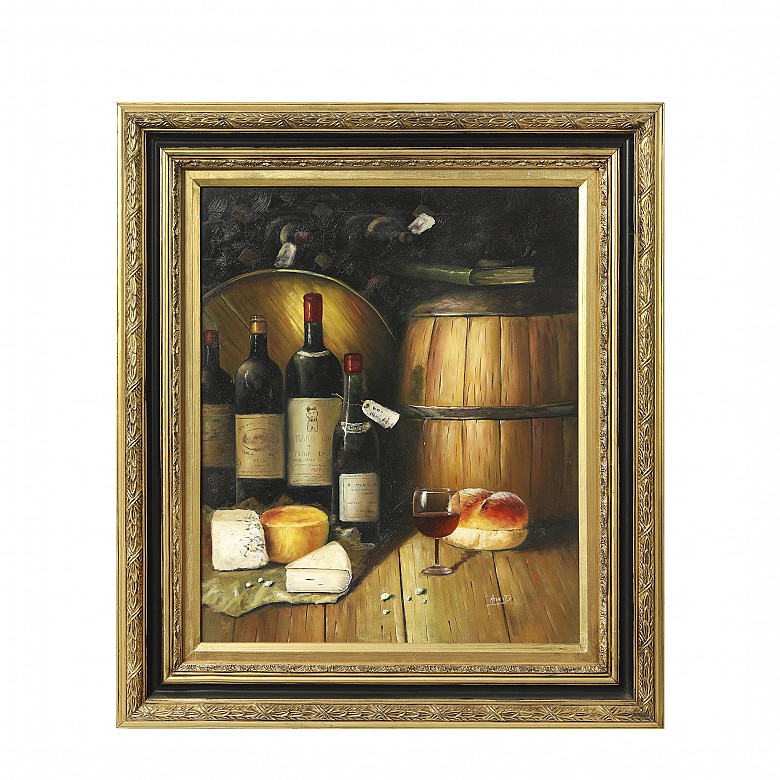 Ana D. (20th century) ‘Still life with wine and cheese’