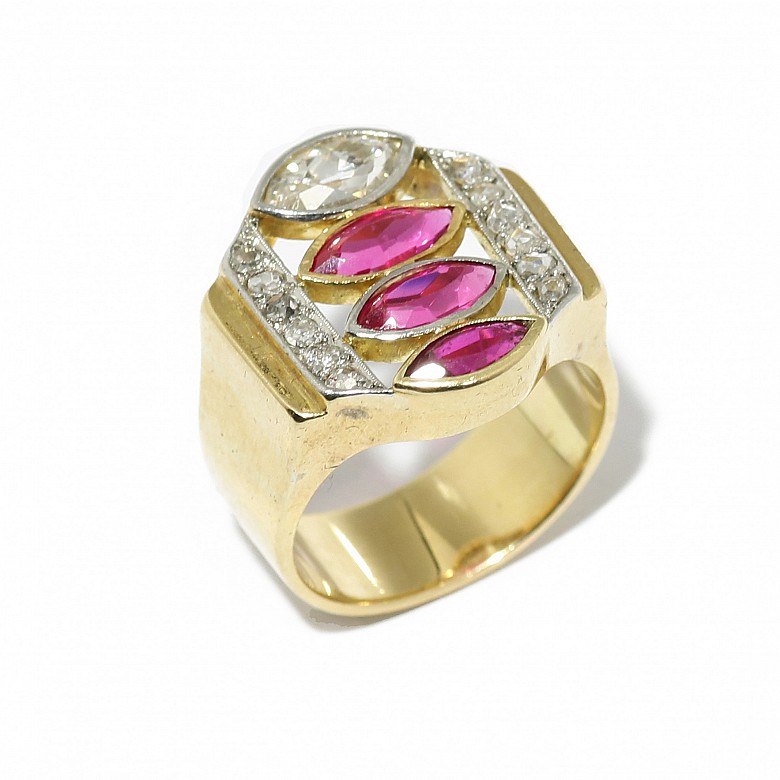 18k yellow gold Chevalier ring, with rubies and diamonds