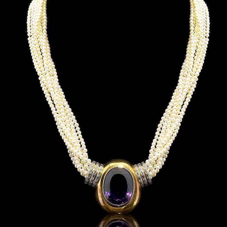 Pearl necklace with yellow gold and one amethyst - 1