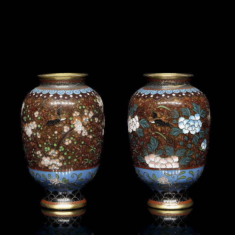 Pair of small enamelled bronze vases, 20th century