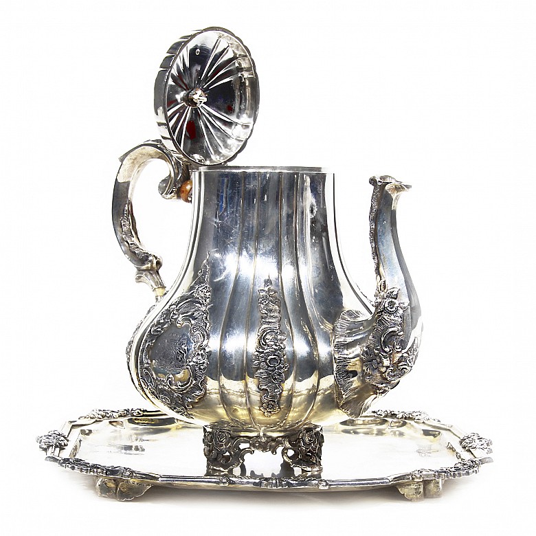 Silver teapot and tray, 19th century