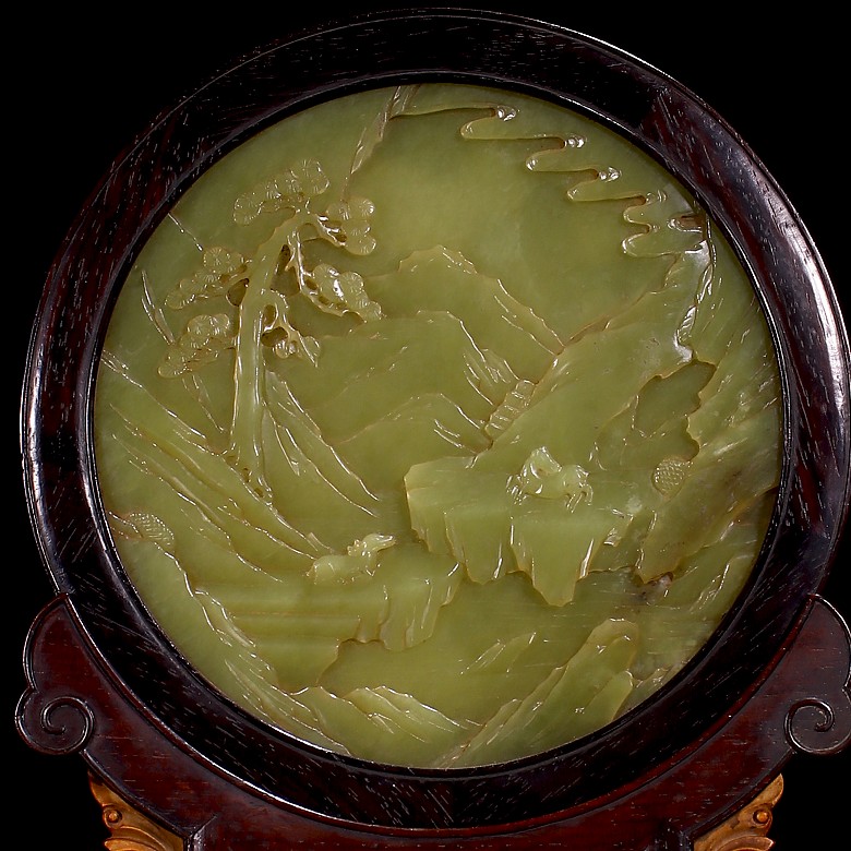 Yellow jade and wood ‘Scene’ panel, Qing dynasty