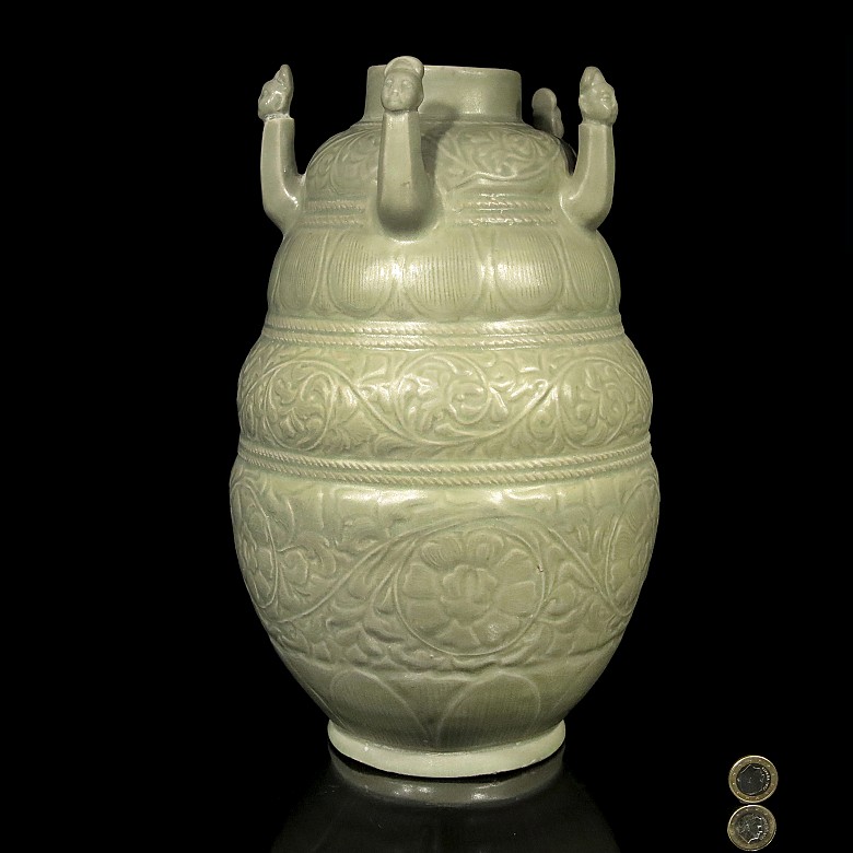 Vase with reliefs glazed in olive green, 20th century