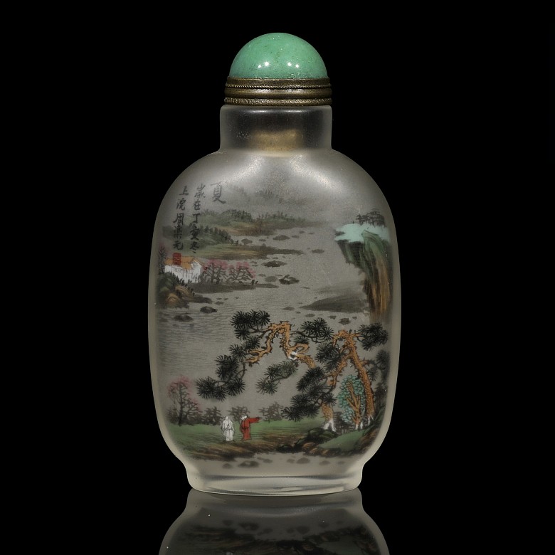 Botella de rapé de vidrio pintado, Zhou Leyuan, dinastía Qing