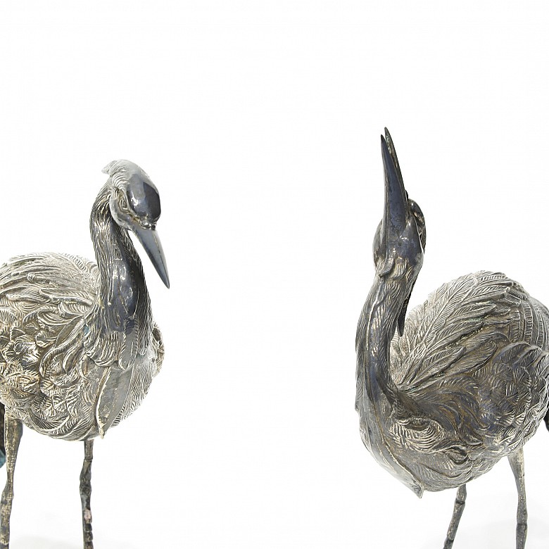 Pair of herons in Spanish silver, 20th century