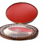 Large silver tray with wooden case, 19th century