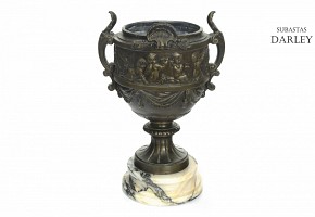 Bronze cup, with marble base, 20th century