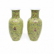 Pair of Chinese vases with yellow background, 20th century