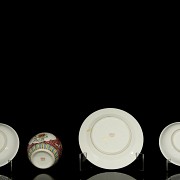 Three plates and a small jar of Asian porcelain “ famille rose”, 20th century