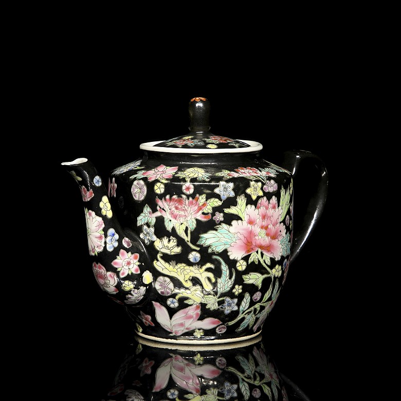 Porcelain enamelled, black family, ‘flowers’ teapot, 20th century