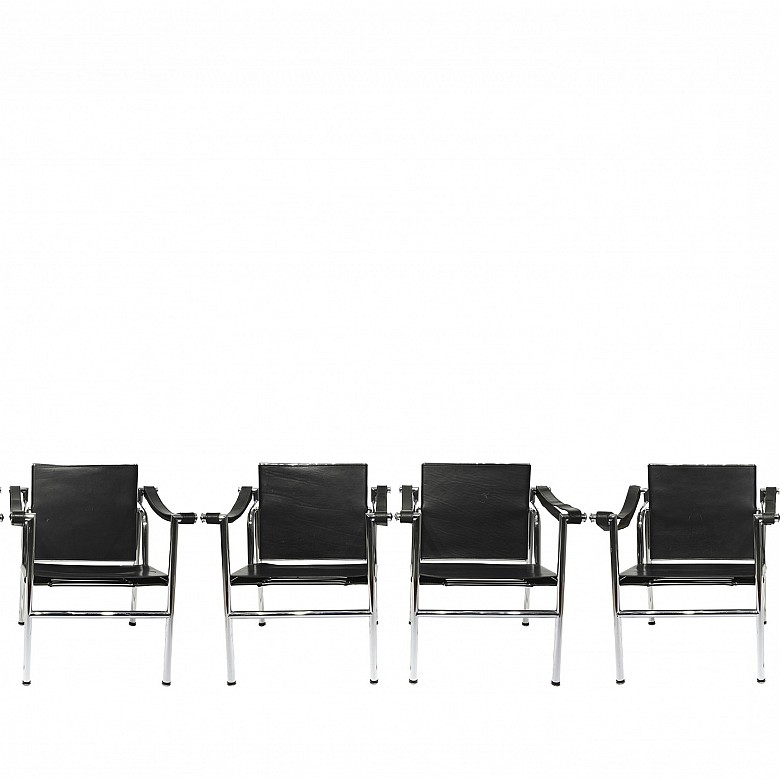 Set of six armchairs, following models of Le Corbusier's 