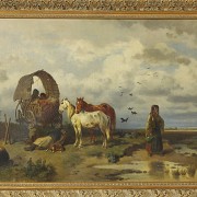 Adolf van der Venne (1828 - 1911) “Crossing with horses” - 1