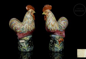 Pair of polychrome porcelain cockerels, 19th century