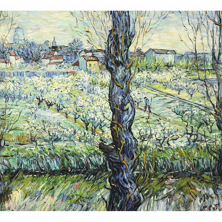 P. Cot (20th century) ‘Orchard in bloom with a view of Arles’