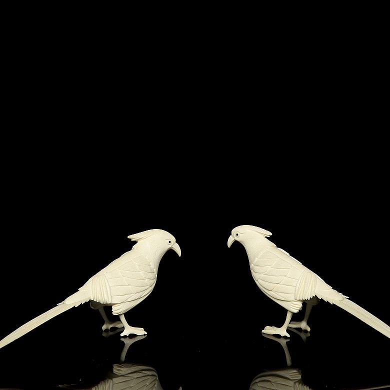 Pair of carved ivory birds, early 20th century.