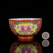 Enamelled bowl with coral background, famille rose, Qing dynasty