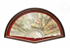 Mother-of-pearl fan with fan holder ‘Cupid on the lake’, 20th century