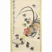 Chinese painting ‘Cockerel with chicks’, 20th century