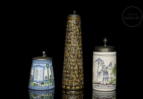 Three enamelled beer steins, 20th century