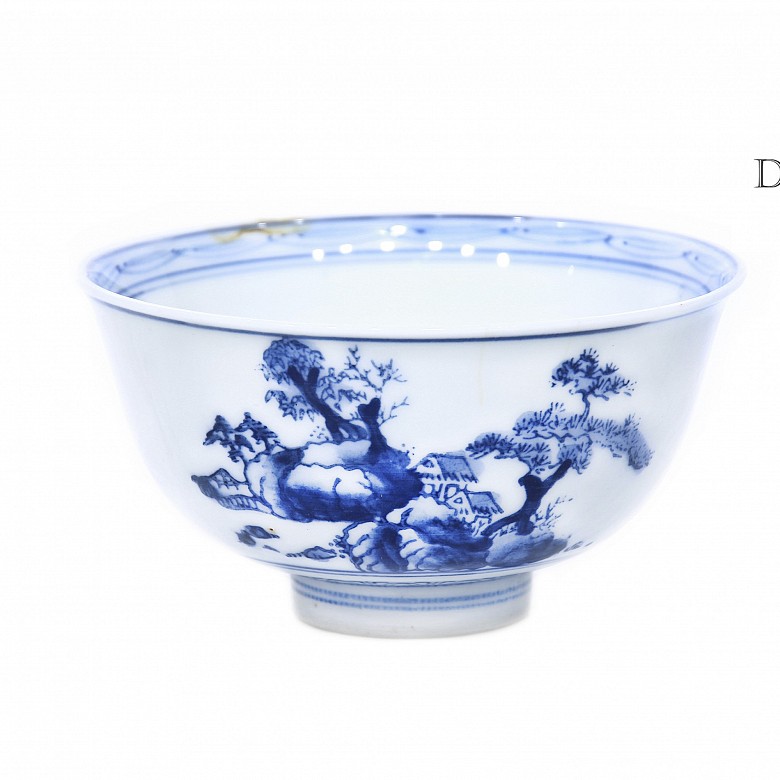 Cuenco de porcelana con paisajes, dinastía Qing