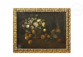 19th century Spanish School ‘Still life with flowers and pomegranates’