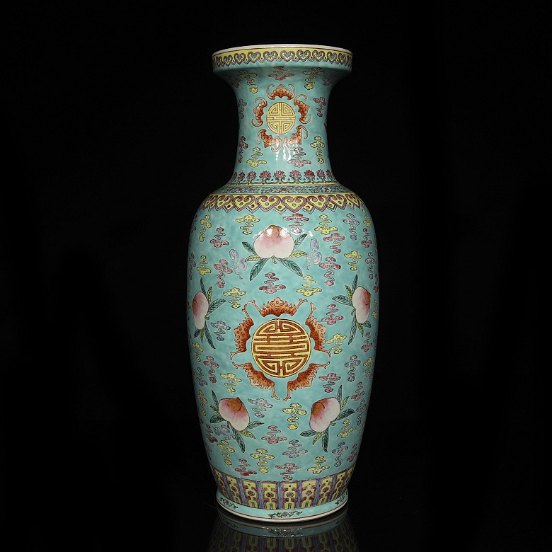 Large sky-blue vase with peaches, 20th century