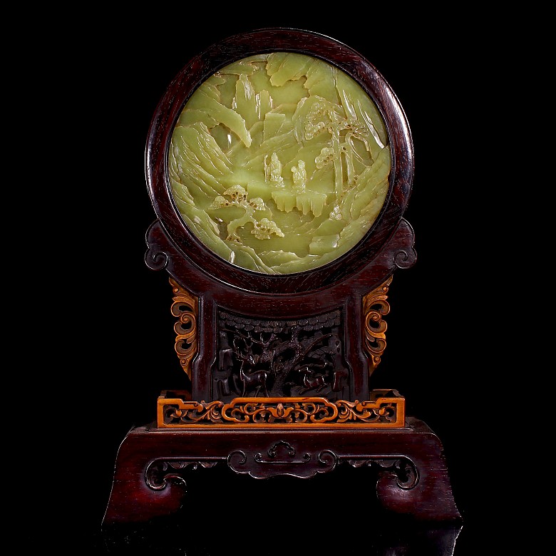 Yellow jade and wood ‘Scene’ panel, Qing dynasty