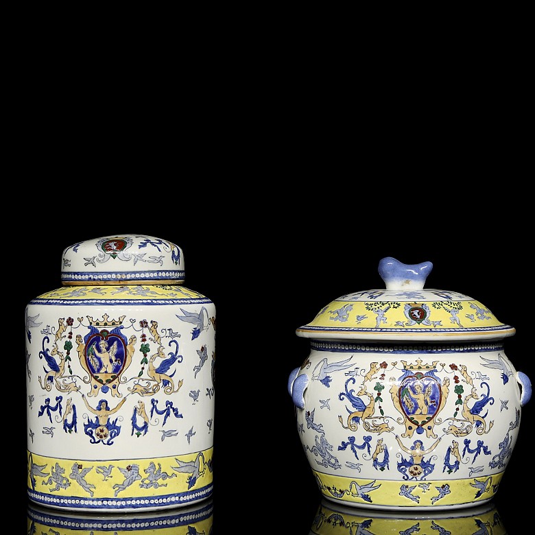 Pair of enamelled porcelain vessels, 20th century