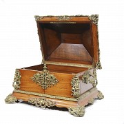 Wooden decanter box with gilt bronze applications, ca.1900.