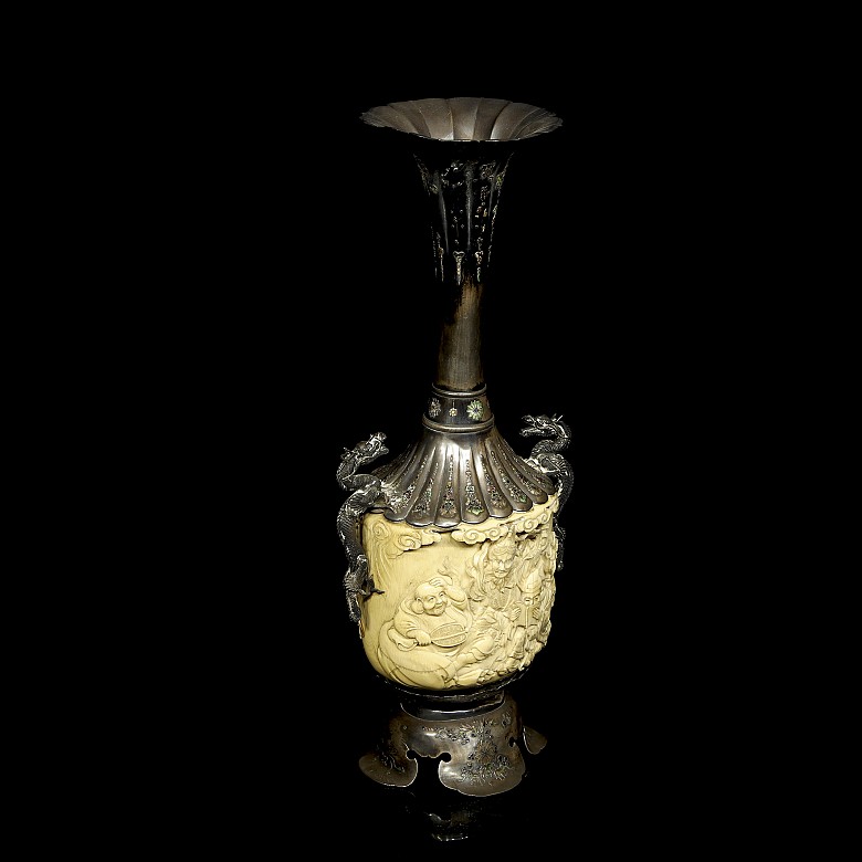 Carved ivory and silver enamelled vase, 19th century