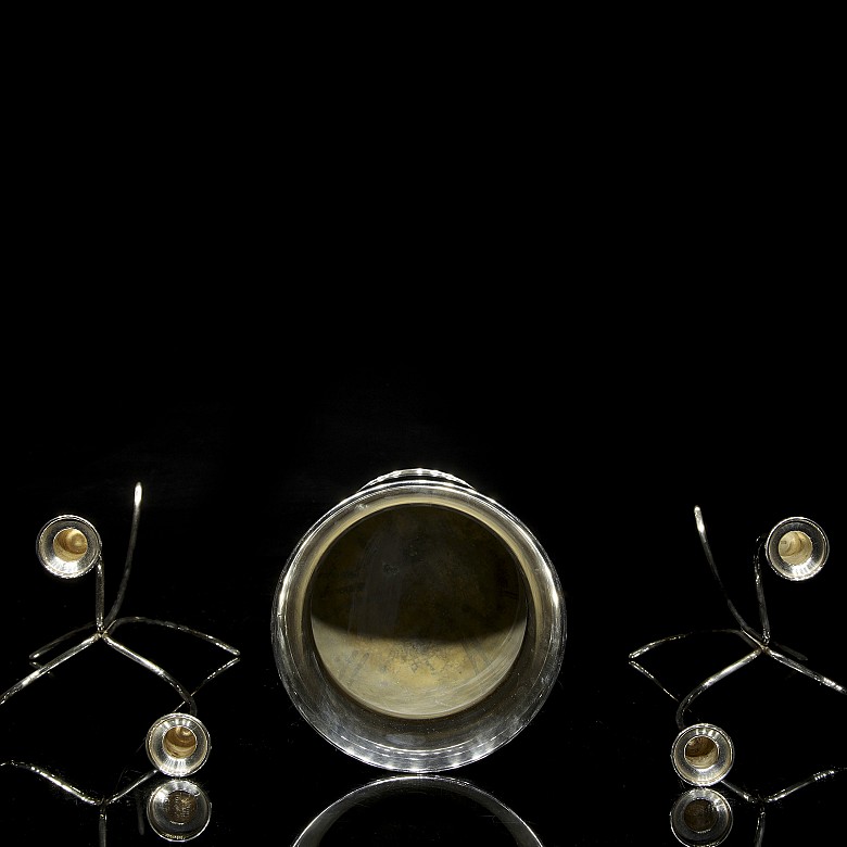 Set of silver-plated metal candlesticks and goblet, 20th century