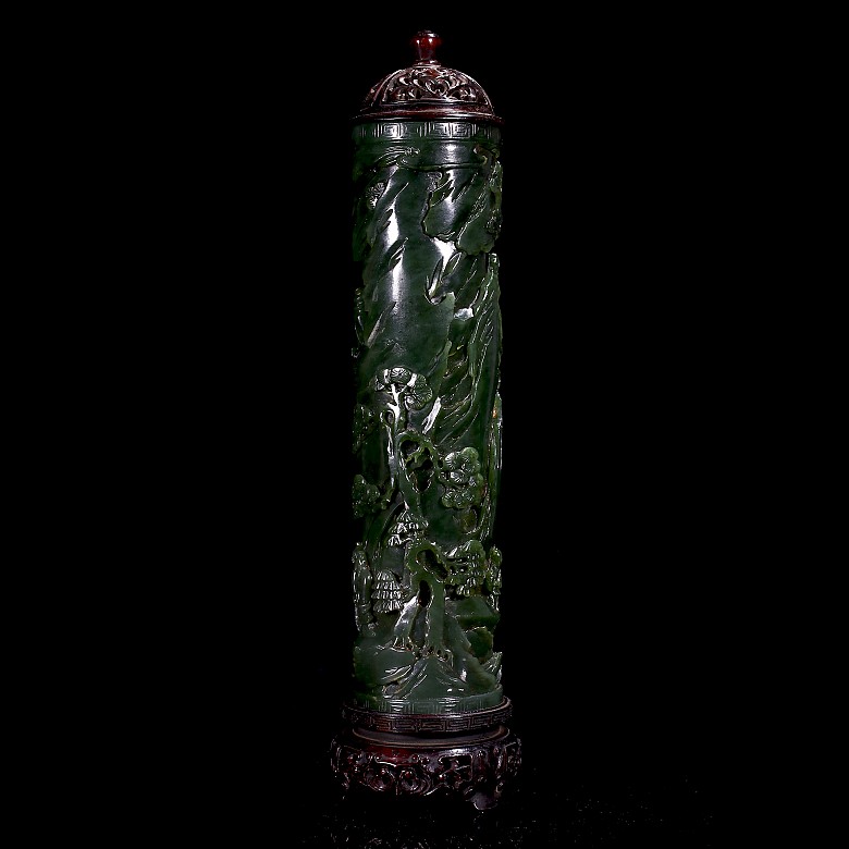 Pair of spinach green jade incense burners, Qing dynasty