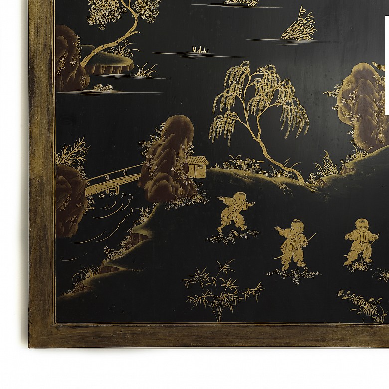 Pair of lacquered wood panels with jade, Qing dynasty.