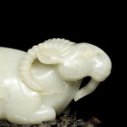 Carved jade figurine “Ram” with wooden base, Qing dynasty