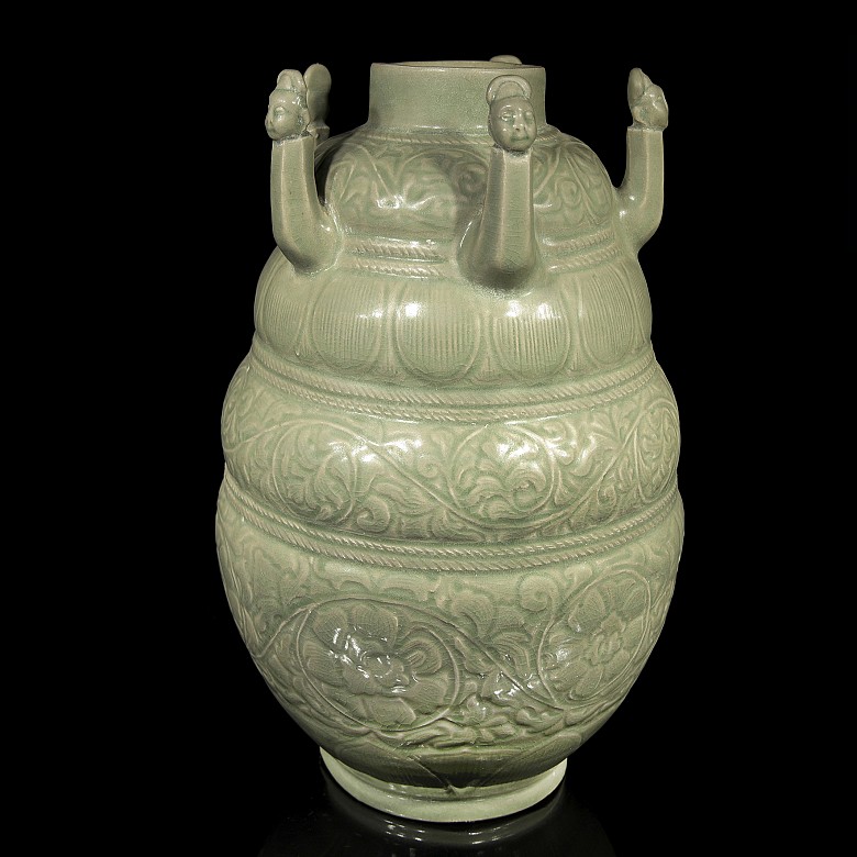 Vase with reliefs glazed in olive green, 20th century