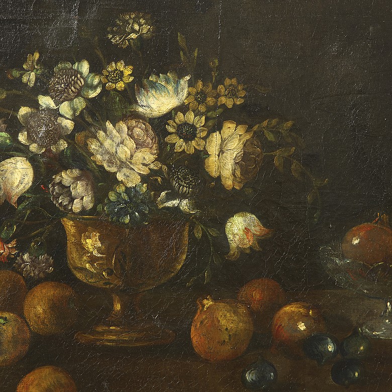 19th century Spanish School ‘Still life with flowers and pomegranates’