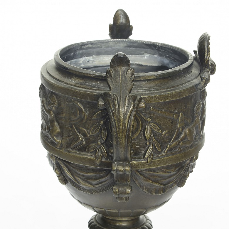 Bronze cup, with marble base, 20th century