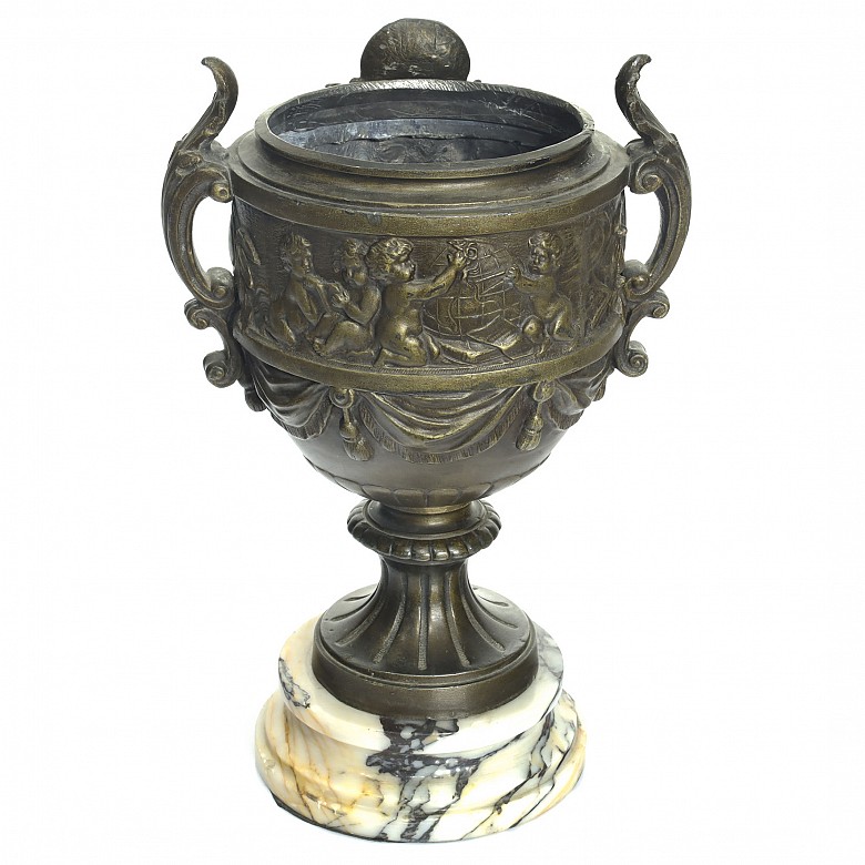 Bronze cup, with marble base, 20th century