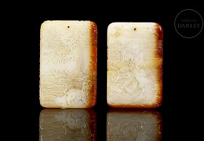 Pair of ‘Dragon and Child’ jade plaques, Qing dynasty