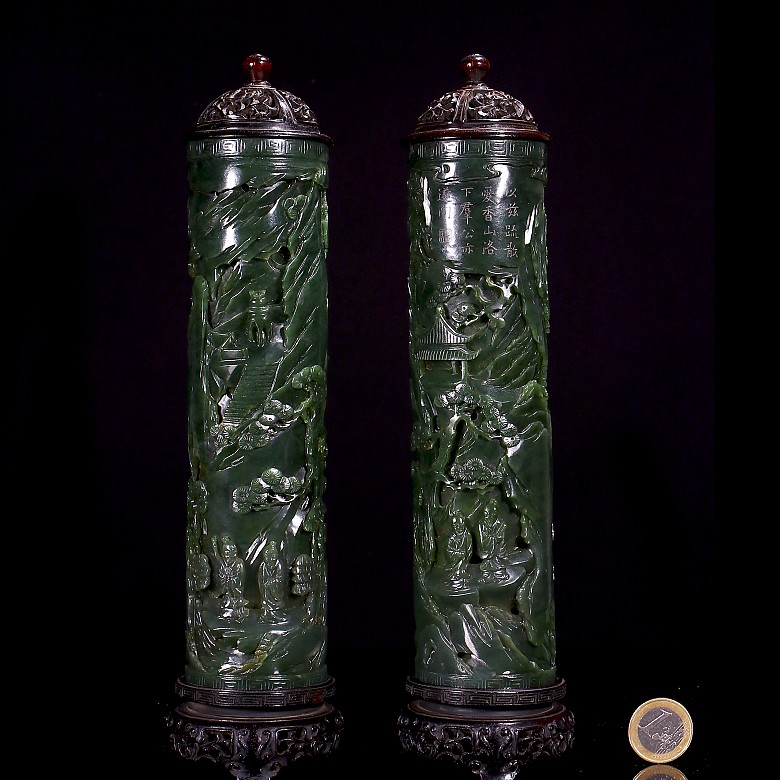 Pair of spinach green jade incense burners, Qing dynasty